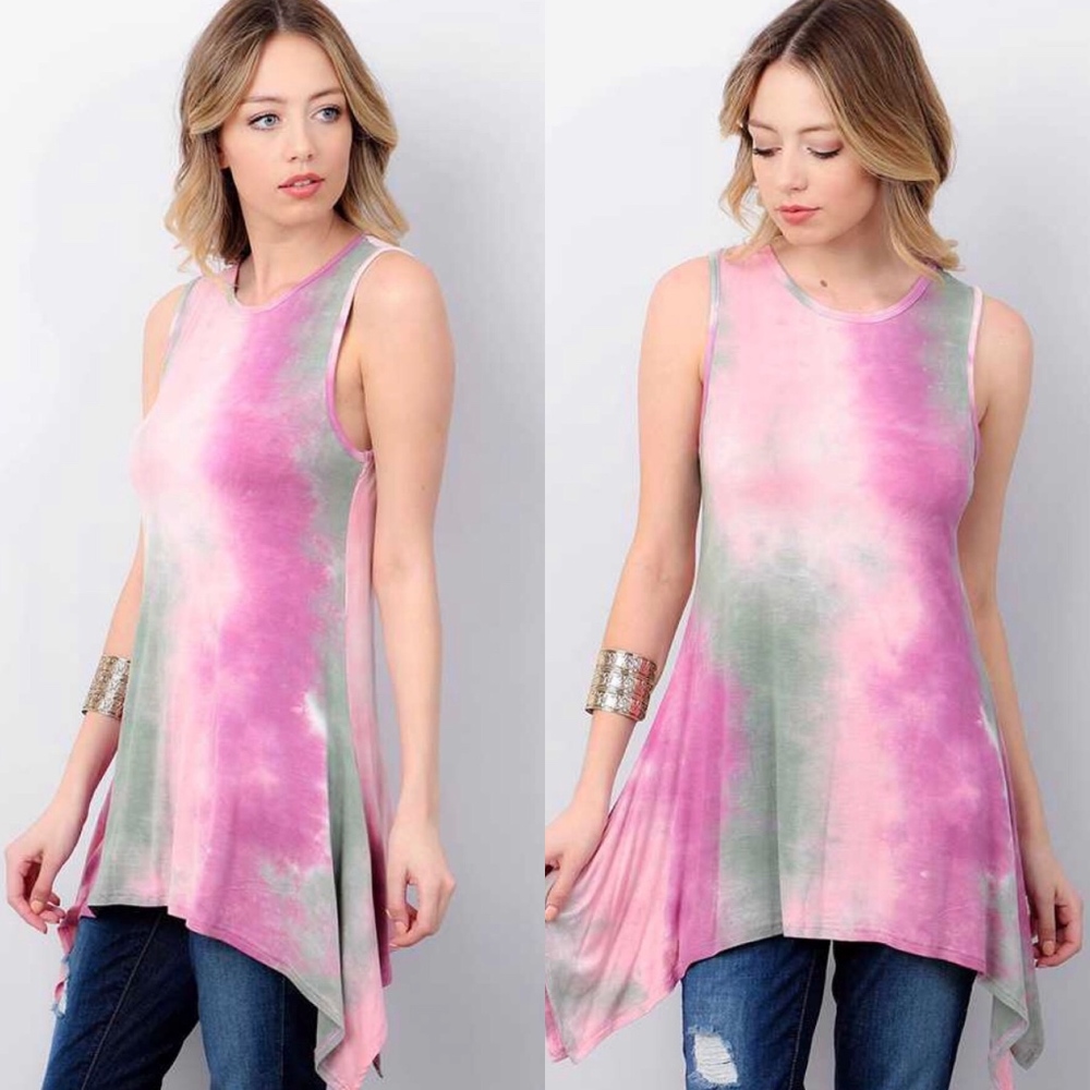 Tie Dye Pink And Green Sleeveless Trapeze Top